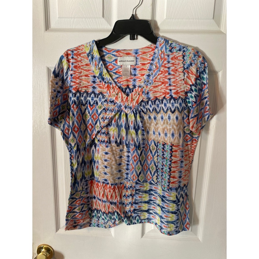 Alfred Dunner Ikat Patchwork V-Neck Top Studded Short Sleeve Blue Orange Medium
